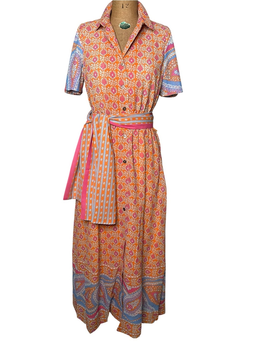 Gretchen Scott Designs Orange & Pink Printed Maxi Shirt Dress with Sash